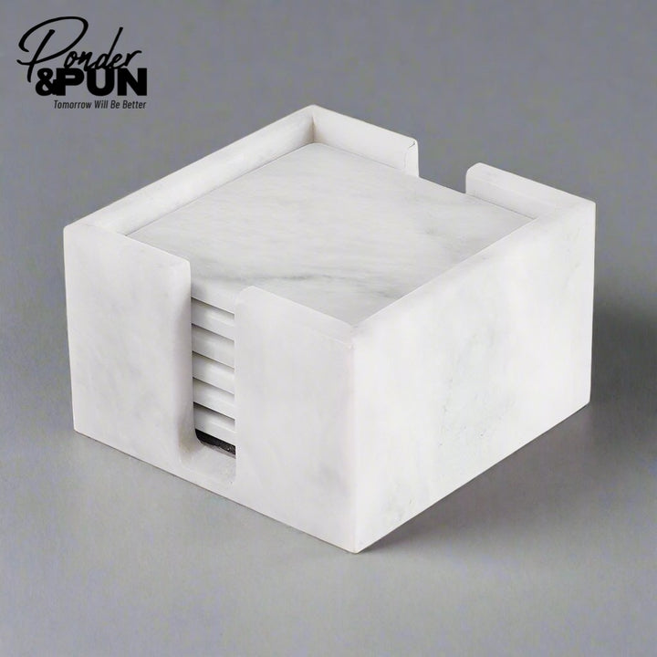 Handmade Marble Coaster Set with Holder Square: White