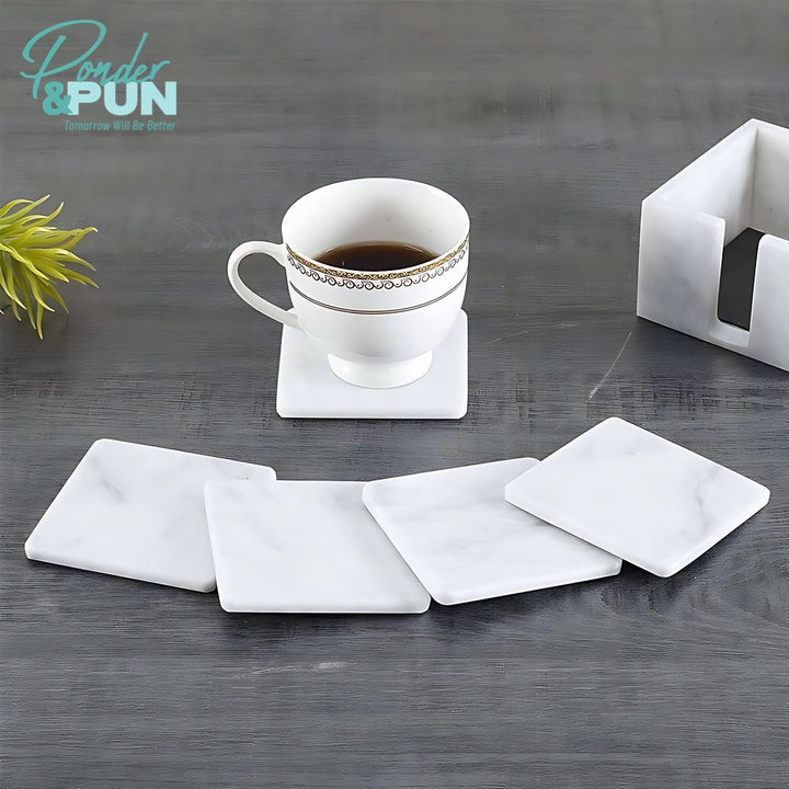 Handmade Marble Coaster Set with Holder Square: White