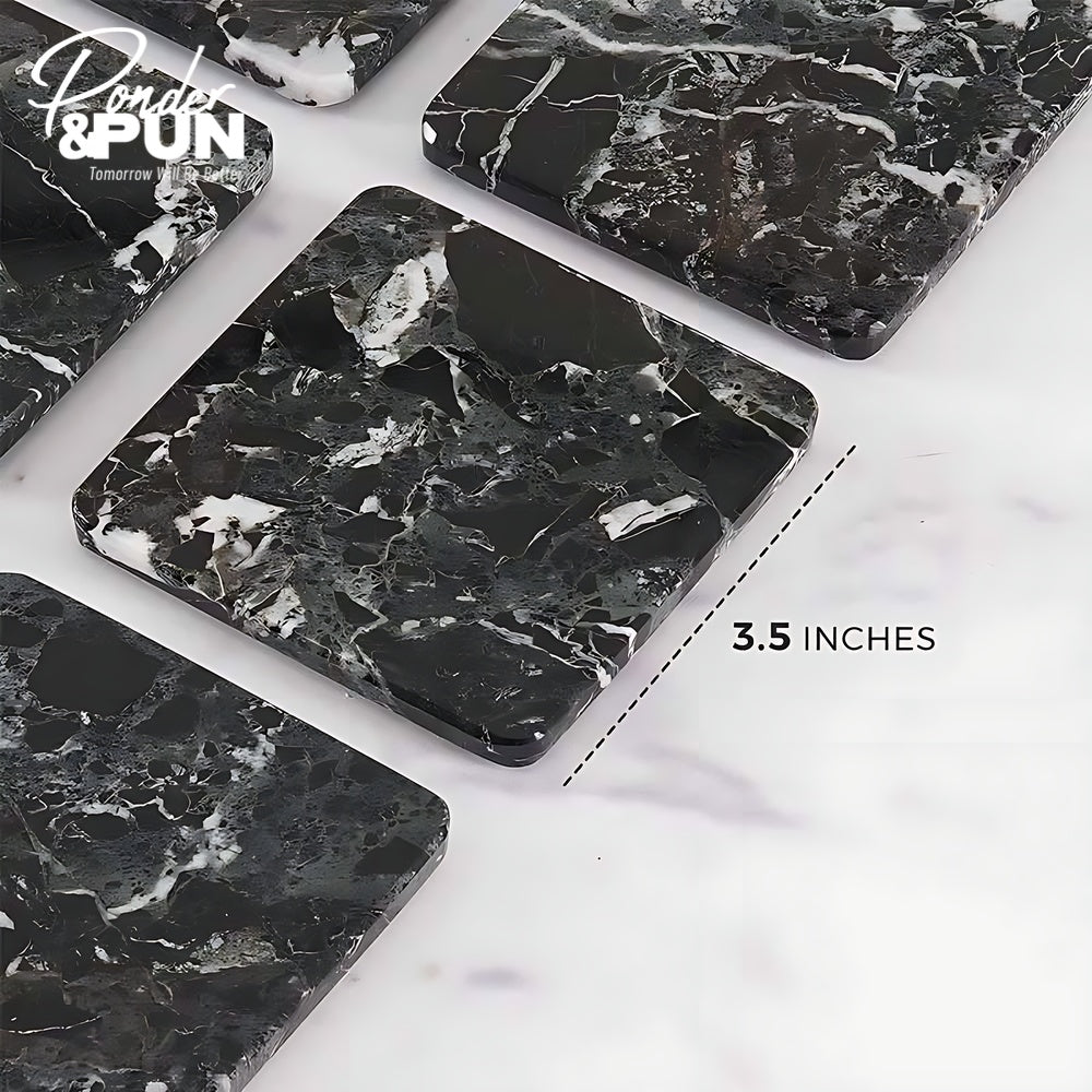 Handmade Marble Coaster Set with Holder Square: Black