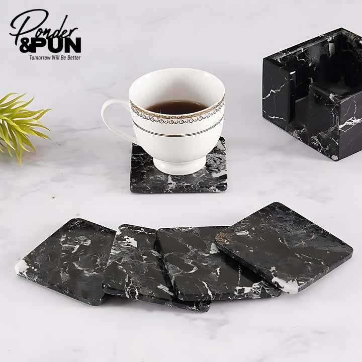 Handmade Marble Coaster Set with Holder Square: Black