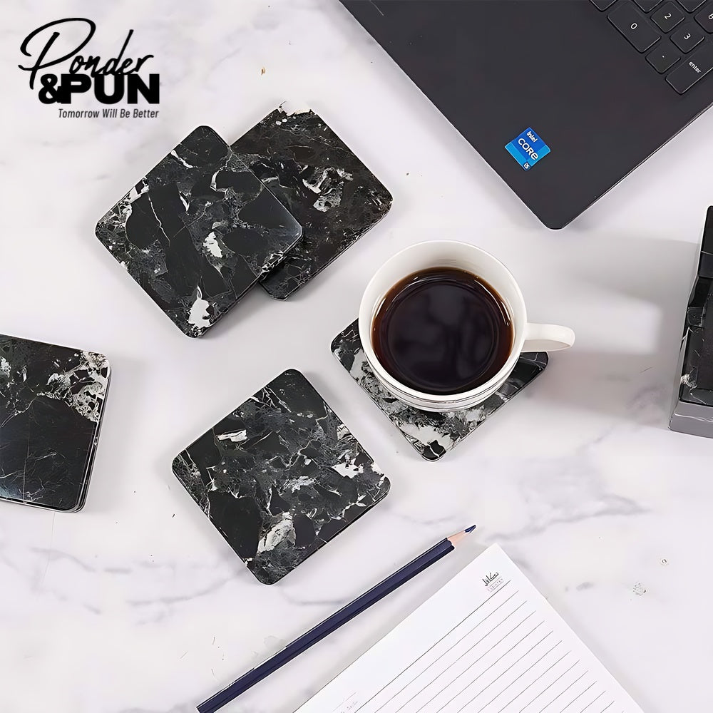 Handmade Marble Coaster Set with Holder Square: Black