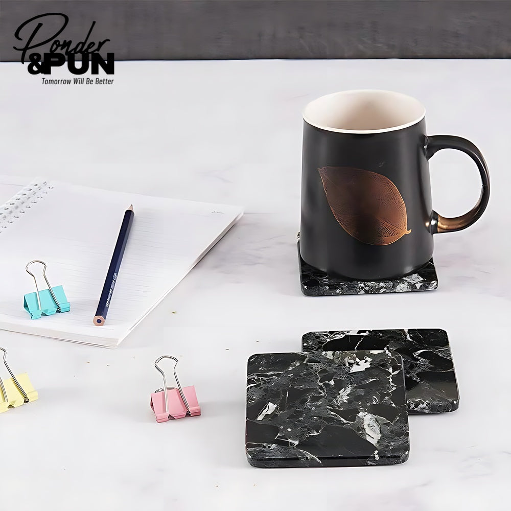 Handmade Marble Coaster Set with Holder Square: Black